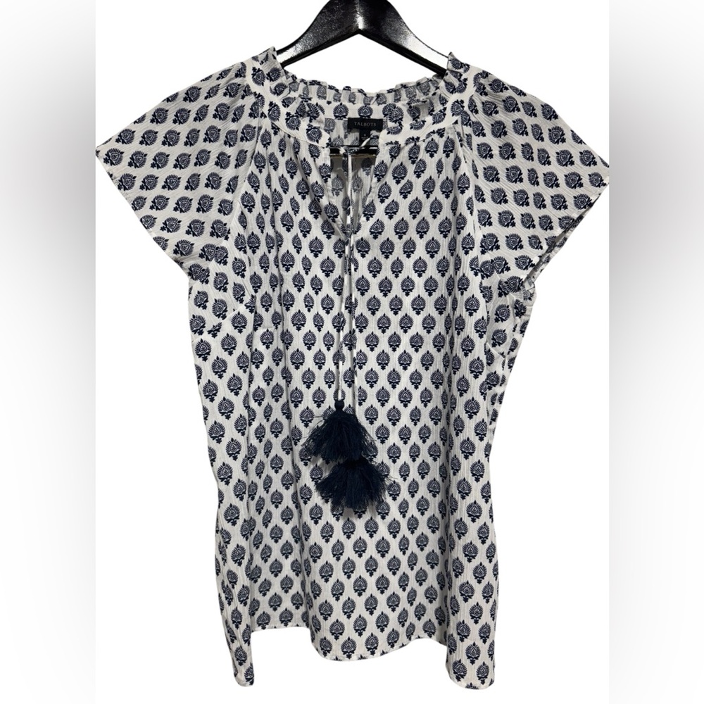 NWT Talbots Blue & White Printed Peasant Blouse - Size Small